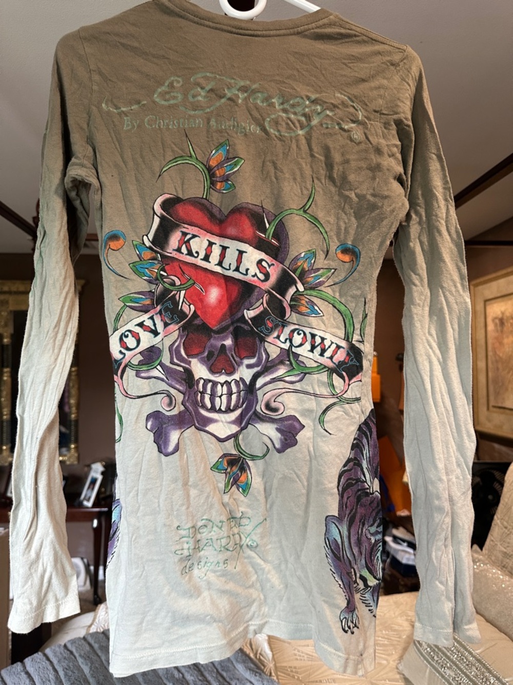 Ed Hardy Women's Long Sleeve Tee - Olive Green with Red & Purple Graphic